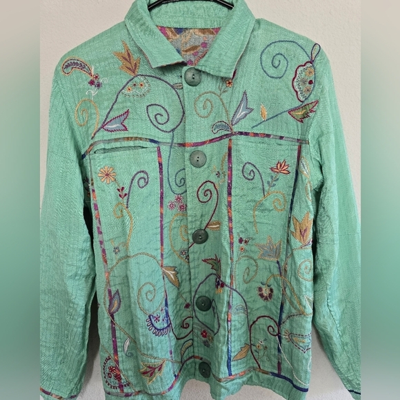 Vintage Reversible Jacket Women Sz M Pink Green Embroidered Patchwork Artsy - Picture 7 of 16